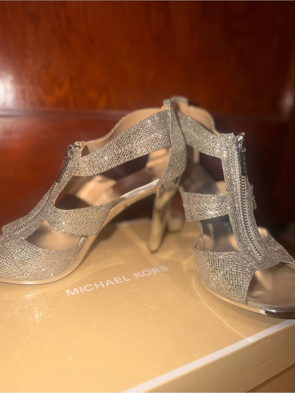 MICHAEL Michael Kors Silver Glitter T-Strap Heeled Sandals